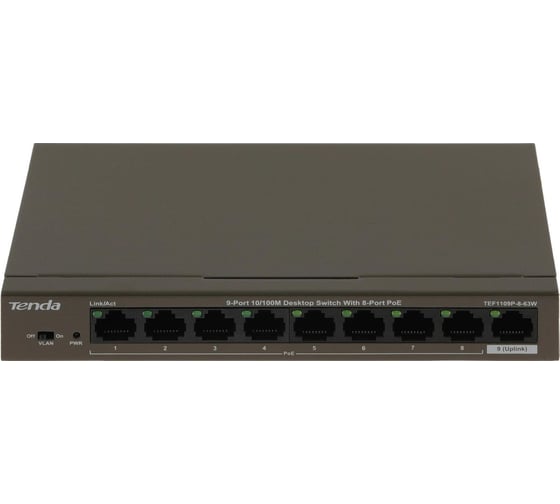 Коммутатор Tenda TEF1109P-8-63W неуправляемый PoE, 9 портов, 9x100 Мбит/с, PoE 8x58 Вт, настольный 10000111807