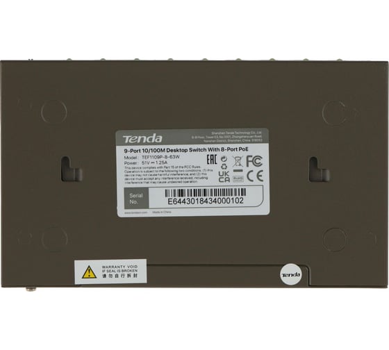 Коммутатор Tenda TEF1109P-8-63W неуправляемый PoE, 9 портов, 9x100 Мбит/с, PoE 8x58 Вт, настольный 10000111807