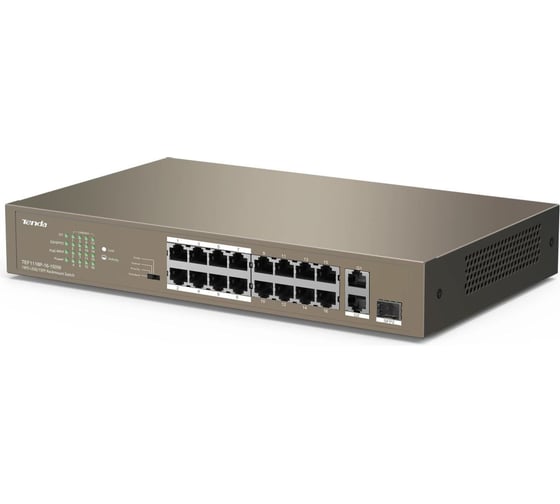 Коммутатор Tenda TEF1118P-16-150W неуправляемый PoE, 18 портов, 16x100 Мбит/с, 2x1 Гбит/с, PoE 16x30 Вт (до 130Вт), установка в стойку 10000105473