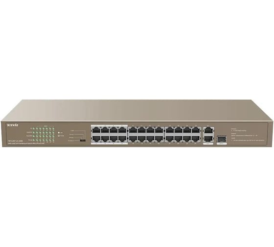 Коммутатор Tenda TEF1126P-24-250W неуправляемый PoE, 26 портов, 26x1 Гбит/с, PoE 24x30 Вт (до 370Вт), SFP 2x1 Гбит/с, установка в стойку 10000105472 1