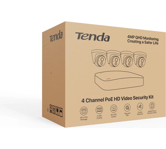 Система видеонаблюдения Tenda K4P-4CR 4 купольных IP-камеры IC7-PRS и видеорегистратор, 2560x1440, 25 кадр./сек, CMOS, 4Мп, PoE, ночная съемка, датчик движения 10000110413