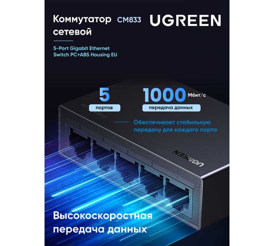 Коммутатор сетевой UGREEN CM833 5-Port Gigabit Ethernet Switch PC+ABS Housing EU. Цвет: серый 35492EU