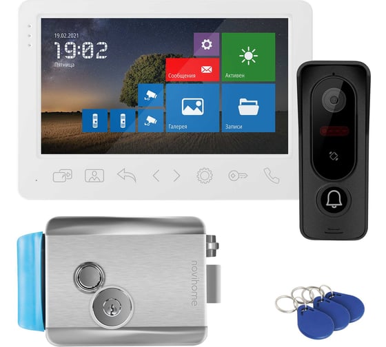 Комплект Novihome WHITE SURFACE 7 FHD KIT PLUS v., состоящий из 7 Full HD видеодомофона, вызывной панели со СКУД и электромеханического замка 4297 1