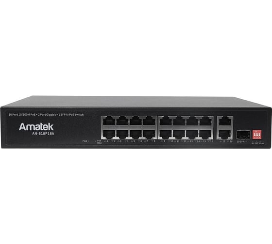 Портовый неуправляемый коммутатор с PoE Amatek AN-S18P16A (300Вт) 19 7001016 1