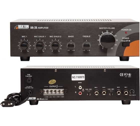 Усилитель-микшер Roxton AA-35 35 Вт, выход 100/70В и 4-8 Ом, 3 микр/2 линейных входа, 220В 00-00006029 1