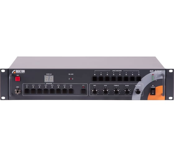 Универсальный порт для усилителей до 4х500 Вт/100 В Roxton RP-8264 8 зон, 1 мик.(приор.)/2 лин.(приор.)/1 лин. вх., ГО и ЧС, RS-485, контроль всех соединений, подключение RM-8064 х 8, управление световыми табло +24В 00-00026700