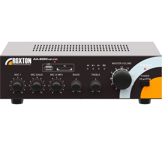 Усилитель-микшер Roxton AA-60M 60 Вт, 100/70В и 4-8 Ом, MP3/USB/SD, 3 микр/2 линейных входа, 220В 00-00012857