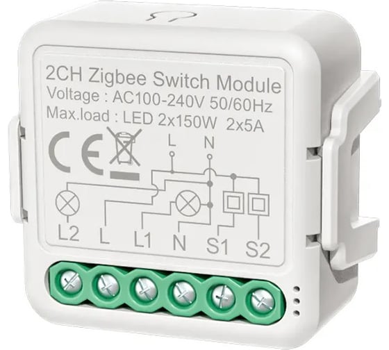 Умный релейный модуль SmartButler 2 канала (Zigbee, 230В, 2х5A, с нейтралью) SB020305
