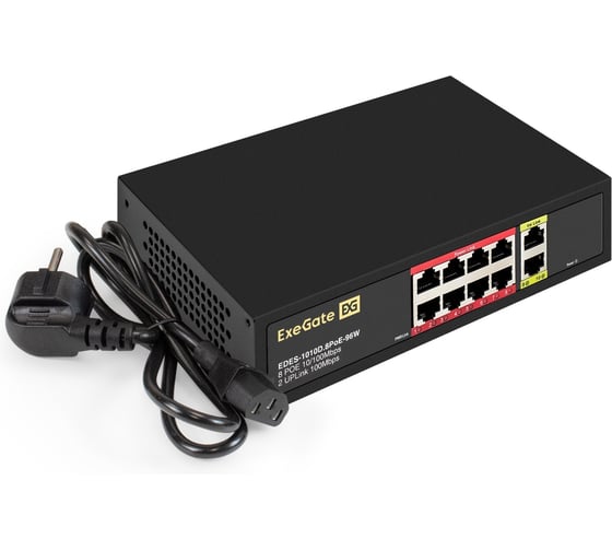 Коммутатор неуправляемый ExeGate EDES-1010D.8PoE-96W 10-портовый UTP 10/100 Base-Tx: 8 портов IEEE 802.3af PoE, мощность PoE: 25W, суммарно 96W 299021