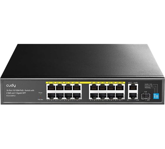 Коммутатор с 16 портами Cudy FS1018PS1 10/100 Мбит/с, 2 гигабитными портами Uplink, портом SFP и поддержкой PoE+ (200 Вт) 10000151974