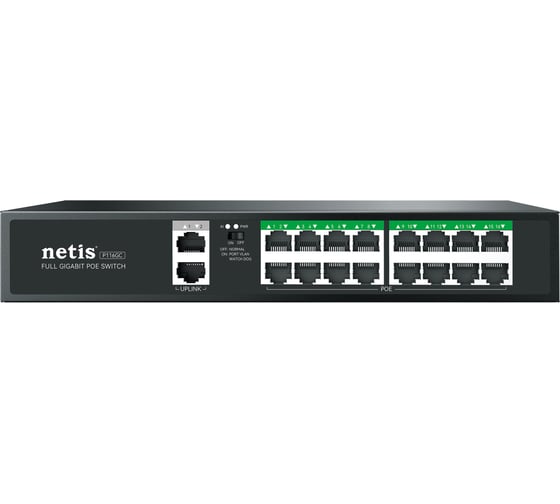 Коммутатор неуправляемый Netis P116GC PoE+, 18 портов, 18x1 Гбит/с, PoE+ 16х30 Вт (до 240Вт), Uplink RJ45 2*1 Гбит/с, настольный, металлический корпус 10000143202