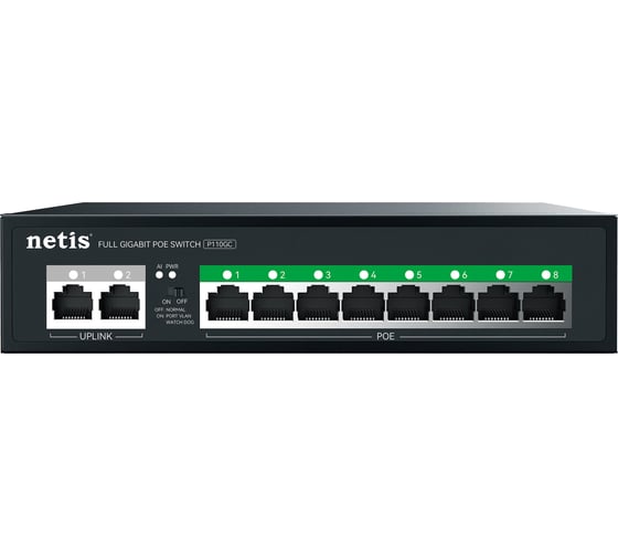 Коммутатор неуправляемый Netis P110GC PoE+, 10 портов, 10x1 Гбит/с, PoE+ 8х30 Вт (до 120Вт), Uplink RJ45 2*1 Гбит/с, настольный, металлический корпус 10000101086
