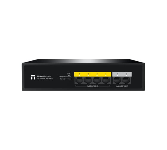 Коммутатор неуправляемый Netis ST106PDI-2-43 PoE, 4x100 Мбит/с, SFP/uplink RJ-45 2x100 Мбит/с, PoE 4x30 Вт (до 43 Вт) 10000158862