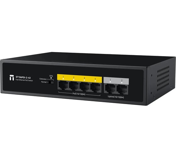 Коммутатор неуправляемый Netis ST106PDI-2-43 PoE, 4x100 Мбит/с, SFP/uplink RJ-45 2x100 Мбит/с, PoE 4x30 Вт (до 43 Вт) 10000158862