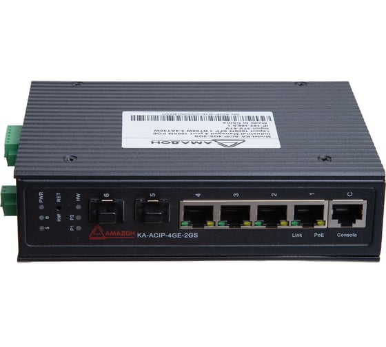 Коммутатор промышленный управляемый АМАДОН L2+, 4 порта Ethernet PoE/PoE++, 2 порта SFP/1G, датчик температуры и влажности KA-ACIP-4GE2GS
