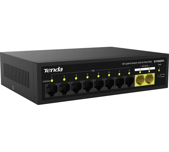 Коммутатор неуправляемый tenda S110GPC PoE, 10 портов, 8x100 Мбит/с, 2х1 Гбит/с, PoE 8х30 Вт (до 80 Вт), настольный, металлический 10000148383