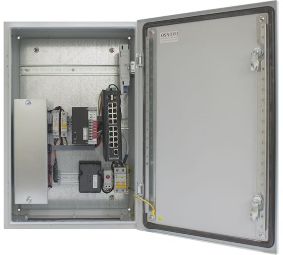 Уличный управляемый коммутатор OSNOVO OS-46TB1(SW-81602/ILS(Port 90W)) на 18 портов с термостабилизацией и резервным питанием. 14328