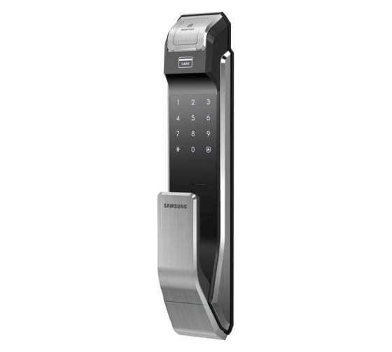 Врезной биометрический дверной замок Samsung  от себя темный металлик SHS-P718 LBK/EN 1