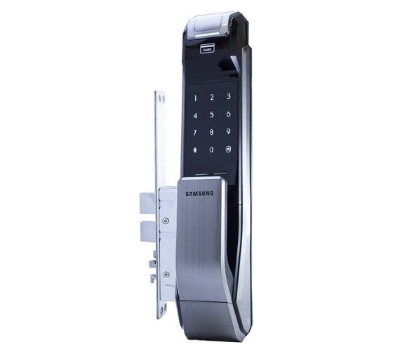 Врезной биометрический дверной замок Samsung  от себя темный металлик SHS-P718 LBK/EN
