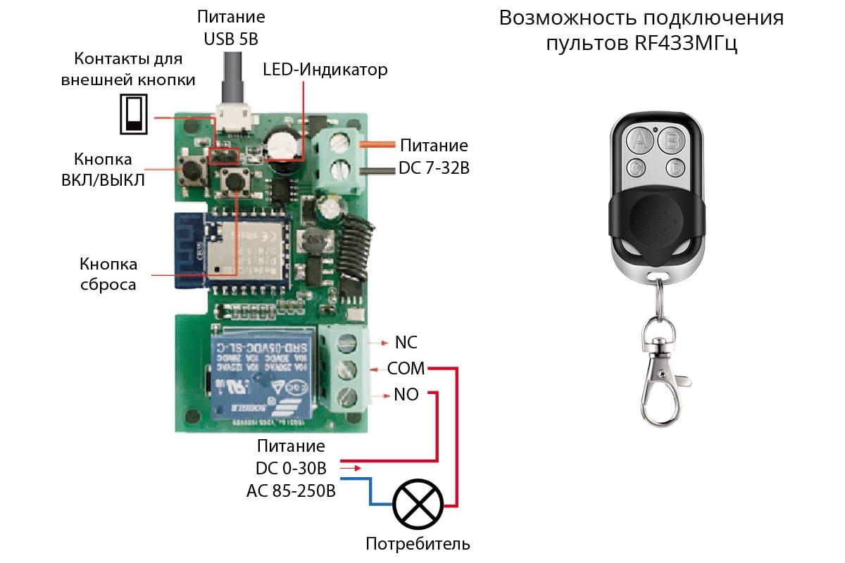 Умный модуль (реле) с сухим контактом и RF433МГц ROXIMO SRM10A003-RFA