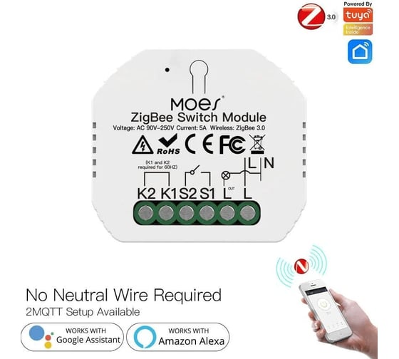 Переключатель Moes Switch Module, Wi-Fi 2,4GHz Zigbee+RF433 MGHz MS-104ZR
