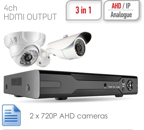 Комплект видеонаблюдения GINZZU HK-420D, 4ch, 1080N, HDMI, 1 уличная+1 купольная камера 1.0Mp, IR20м 13205