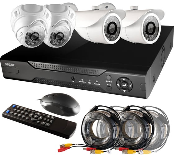 Комплект видеонаблюдения GINZZU HK-440D, 4ch, 1080N, HDMI, 2 уличные+2 купольные камеры 1.0Mp, IR20м 13191