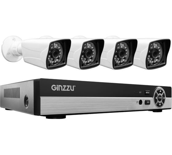 Комплект видеонаблюдения GINZZU HK-445D, 4ch, 1080N, HDMI, 4 уличных камеры 1.0Mp, IR20м, пластик 14234