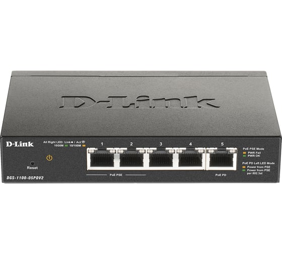 Настраиваемый l2 коммутатор d-link с 5 портами 10/100/1000base-t 2 порта poe, 1 порт для питания коммутатора по poe DGS-1100-05PDV2/A1A