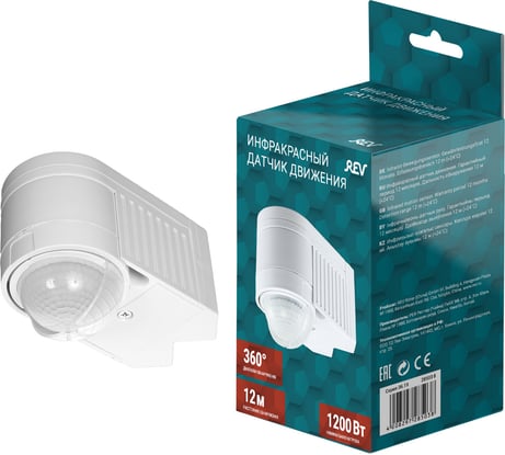 Датчик движения, REV настенный/угловой, DD-6 3xdetector, 360°, 10-900с, 12м, 1200Вт, IP44, белый, 28503 8