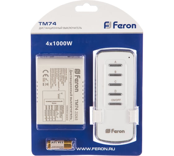 Дистанционный выключатель FERON TM74 230V 1000W 4-х канальный 30м с пультом управления, белый 23263