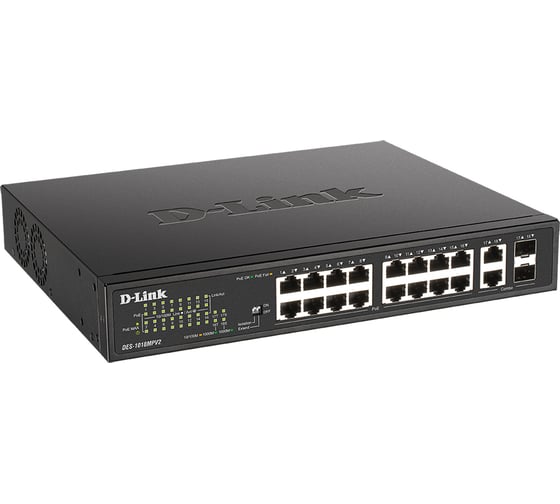 Неуправляемый коммутатор d-link с 16 портами 10/100base-tx и 2 комбо-портами 100/1000base-t/sfp DES-1018MPV2/A1A 1