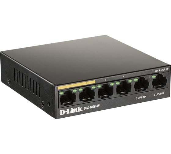 Неуправляемый коммутатор d-link с 6 портами 10/100base-tx, 4 порта poe 802.3af/at, poe-бюджет 55 вт, дальность до 250 м DSS-100E-6P/A1A