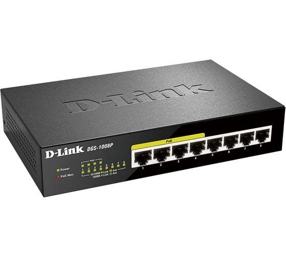Неуправляемый коммутатор d-link с 8 портами 10/100/1000base-t, 4 порта poe 802.3af/at, poe-бюджет 80 вт DGS-1008P/E1A 1