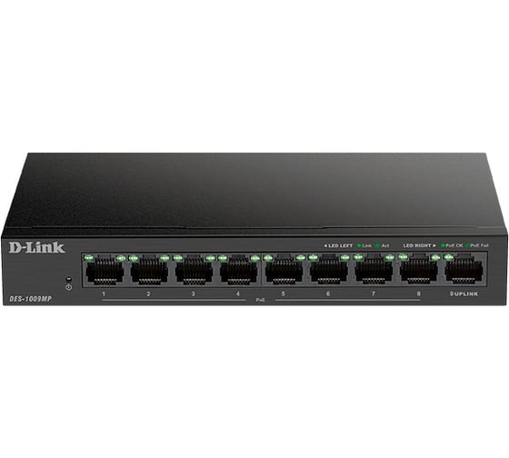 Неуправляемый коммутатор d-link с 8 портами 10/100base-tx и 1 портом 10/100/1000base-t, 8 портов рое 802.3af/at, poe-бюджет 117 вт DES-1009MP/A1A