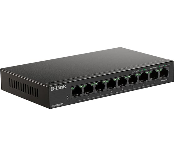Неуправляемый коммутатор d-link с 8 портами 10/100base-tx и 1 портом 10/100/1000base-t, 8 портов рое 802.3af/at, poe-бюджет 117 вт DES-1009MP/A1A