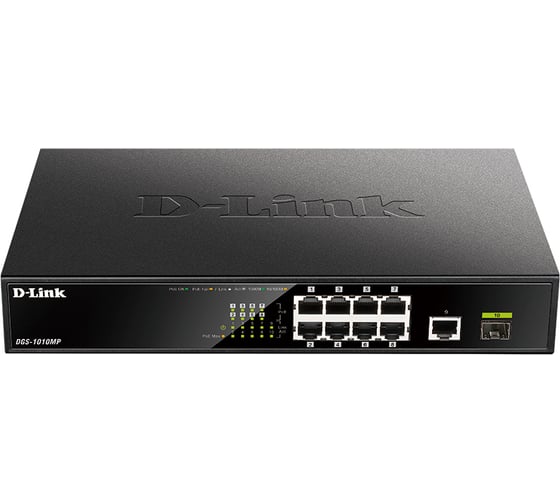 Неуправляемый коммутатор d-link с 9 портами 10/100/1000base-t, 1 портом 1000base-x sfp, функцией энергосбережения и поддержкой qos DGS-1010MP/A1A