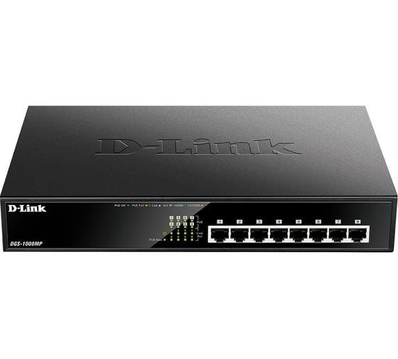 Неуправляемый коммутатор d-link Dss-100e-6p/a1a с 6 портами 10/100base-tx (4 порта poe 802.3af/at, poe-бюджет 55 Вт, дальность до 250 м) DGS-1008MP/B1A 1