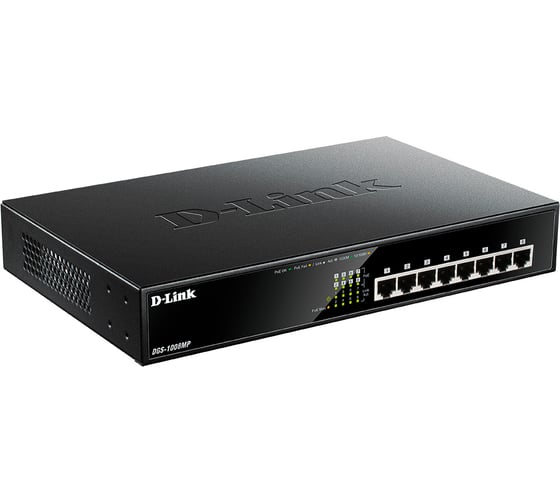 Неуправляемый коммутатор d-link Dss-100e-6p/a1a с 6 портами 10/100base-tx (4 порта poe 802.3af/at, poe-бюджет 55 Вт, дальность до 250 м) DGS-1008MP/B1A