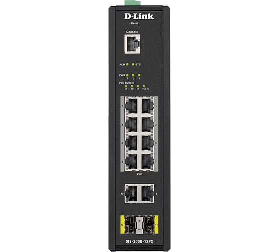 Промышленный управляемый коммутатор d-link 2 уровня с 10 портами 10/100/1000base-t и 2 портами 1000base-x sfp, 8 портов с poe DIS-200G-12PS/A2A
