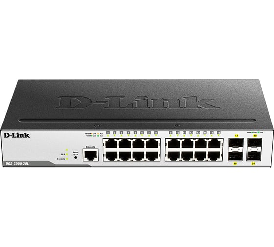 Управляемый l2 коммутатор d-link с 16 портами 10/100/1000base-t и 4 портами 1000base-x sfp DGS-3000-20L/B1A