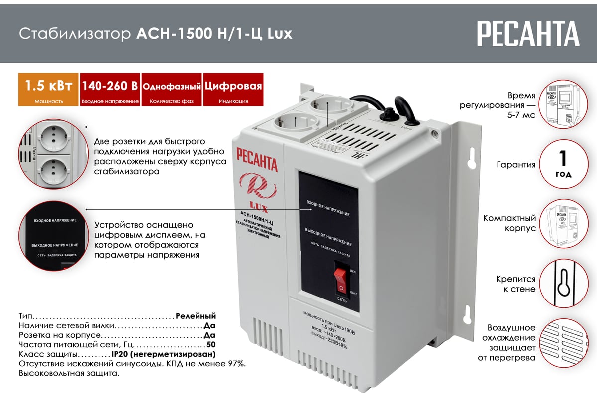 Стабилизатор напряжения Ресанта АСН 1500 Н/1-Ц Lux 63/6/20 - выгодная цена,  отзывы, характеристики, 4 видео, фото - купить в Москве и РФ