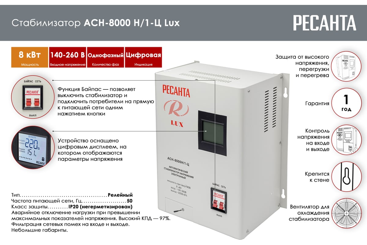 Стабилизатор напряжения Ресанта АСН 8000 Н/1-Ц Lux 63/6/17 - выгодная цена,  отзывы, характеристики, 4 видео, фото - купить в Москве и РФ