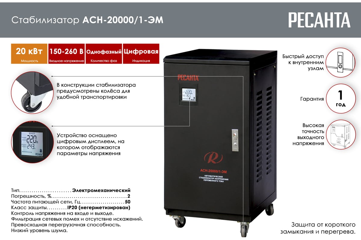 Электромеханический стабилизатор Ресанта АСН-20000/1-ЭМ 63/3/2