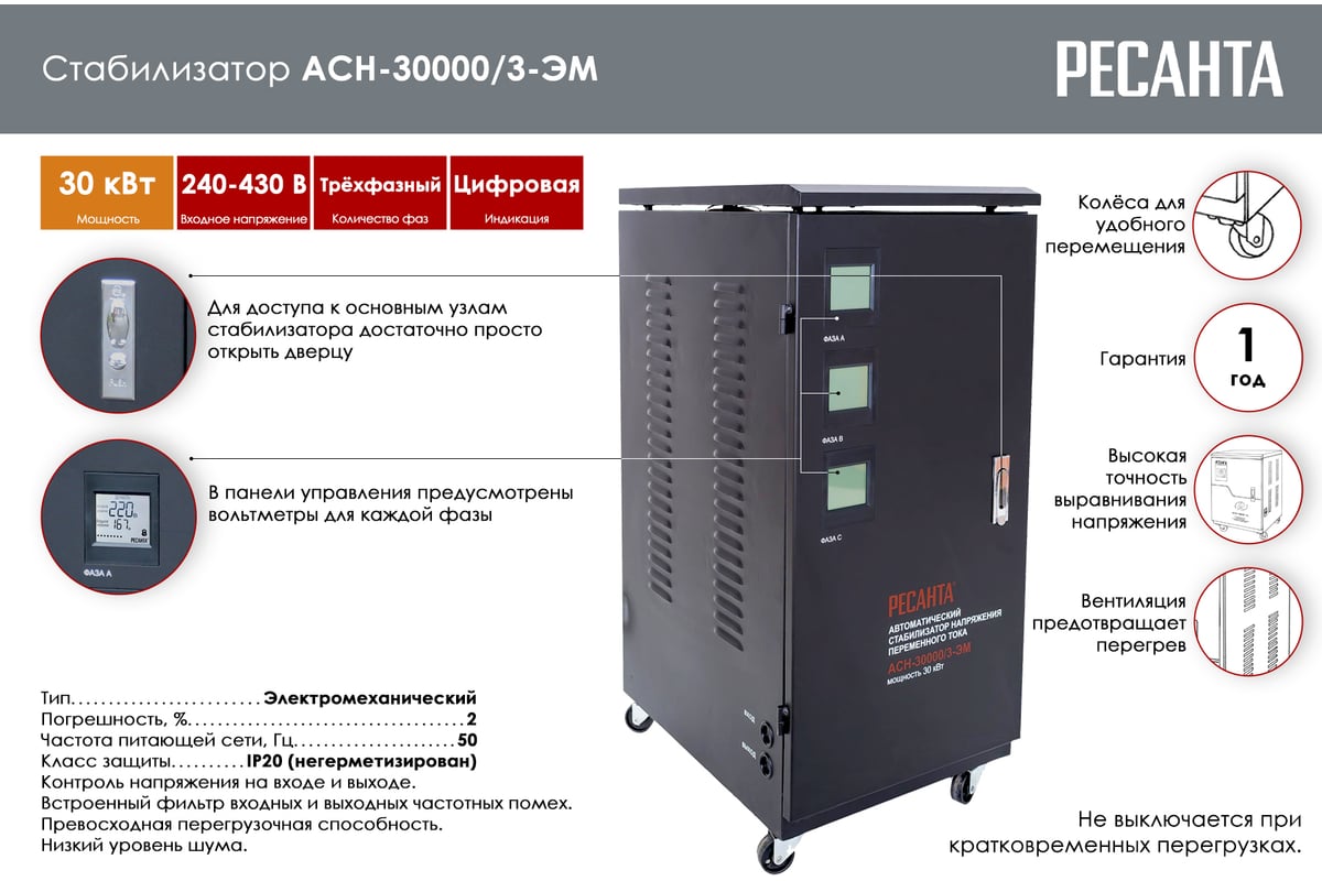 Трехфазный стабилизатор Ресанта АСН 30000/3 63/4/7 - выгодная цена, отзывы,  характеристики, 4 видео, фото - купить в Москве и РФ