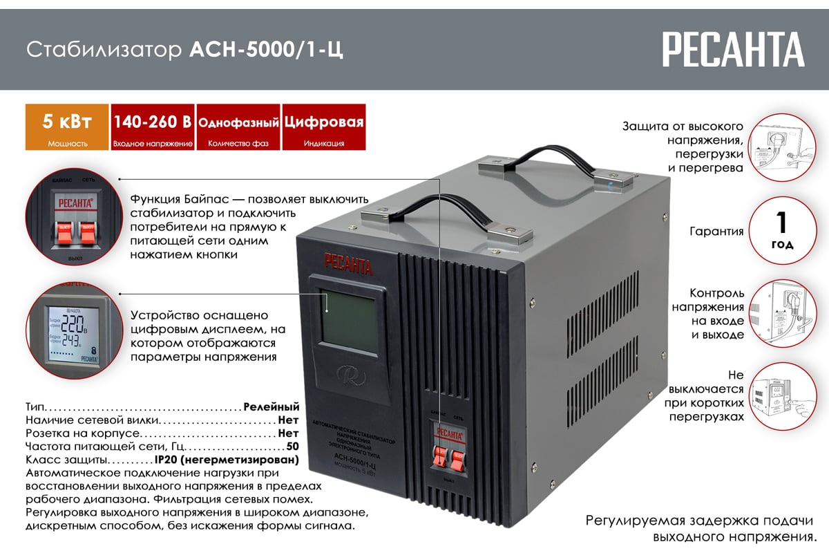 Стабилизатор напряжения однофазный Ресанта АСН 5000/1-Ц 63/6/6 - выгодная  цена, отзывы, характеристики, 3 видео, фото - купить в Москве и РФ