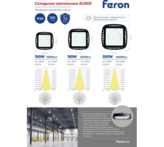 Складской светильник FERON 2835 SMD 150W120 4000K IP65 AC230/50Hz, черный AL1005 48667