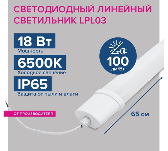 Светодиодный светильник Lumin'arte 18 Вт, 6500К Холодный свет, IP65, 1800лм, матовый LPL18-6.5K60-03