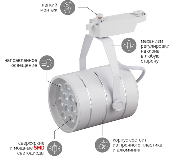 Трековый однофазный светильник ЭРА tr3 - 12 wh светодиодный 12вт белый smd Б0032106