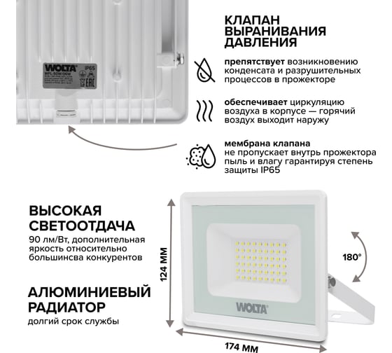 Светодиодный прожектор Wolta 5700K, 50Вт светодиоды SMD, IP65, белый WFL-50W/06W